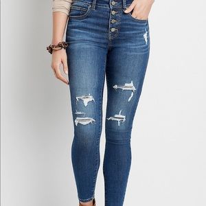 High Rise Dark Destructed Super Skinny Jean. New